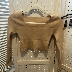 Tan Ribbed Knit Square Neck Sweater Top | Size Small
